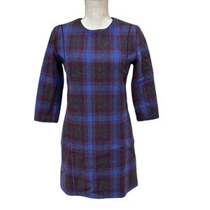 Collncos Blue Wool Plaid Shift Dress | 3/4 Sleeves